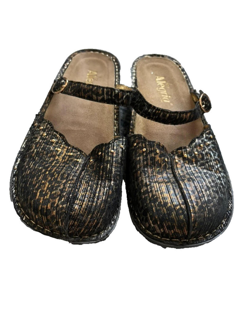 Allegria sz 9 closed toe black/gold adjustable ankle strap‎ leather sandal